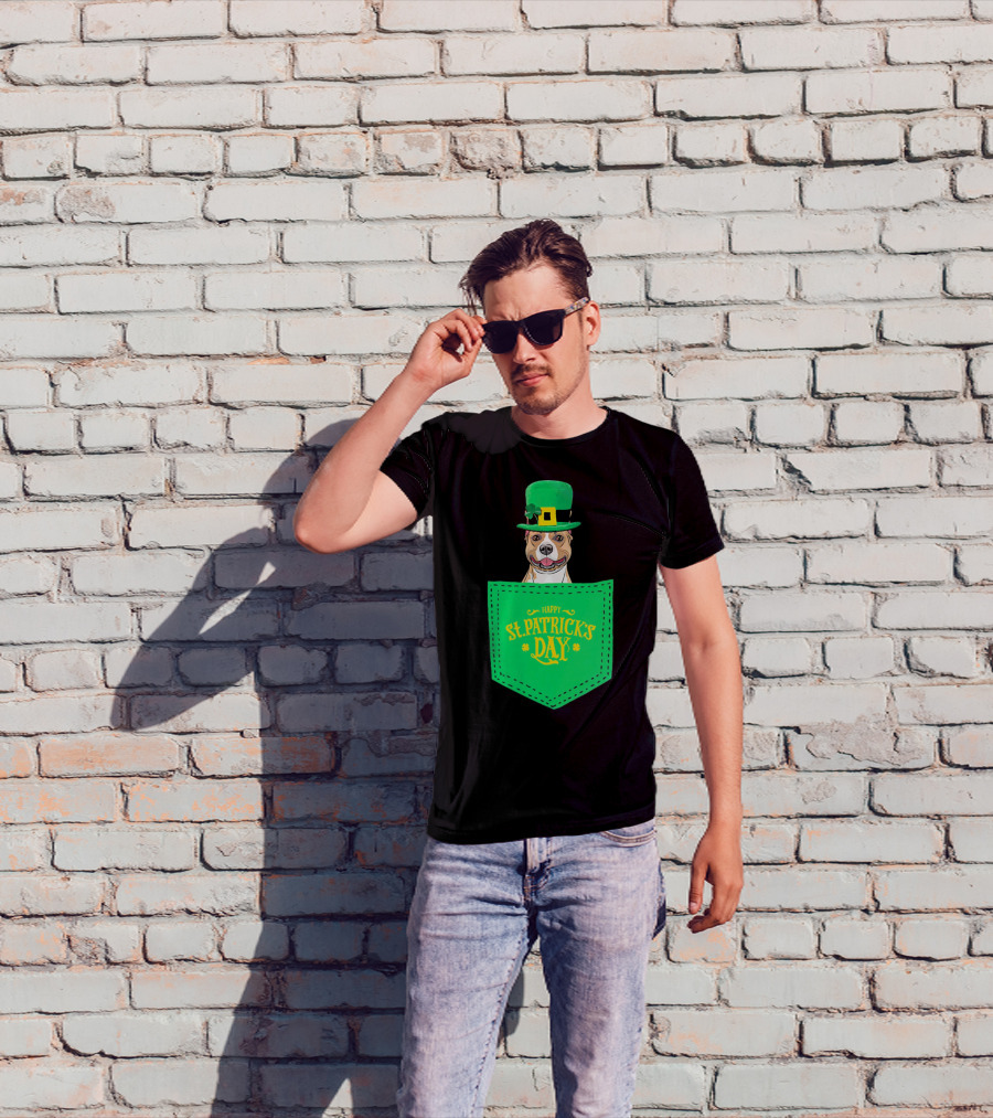 Happy St. Patrick's Day Pitbull Dog In Pocket T-Shirt