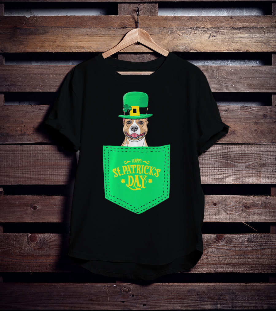 Happy St. Patrick's Day Pitbull Dog In Pocket T-Shirt