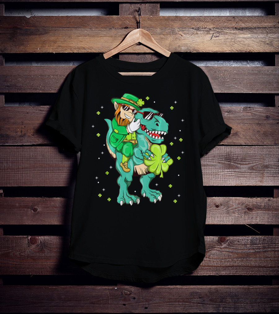 Irish Leprechaun Riding Dinosaur With Clover And Sunglasses T-Shirt