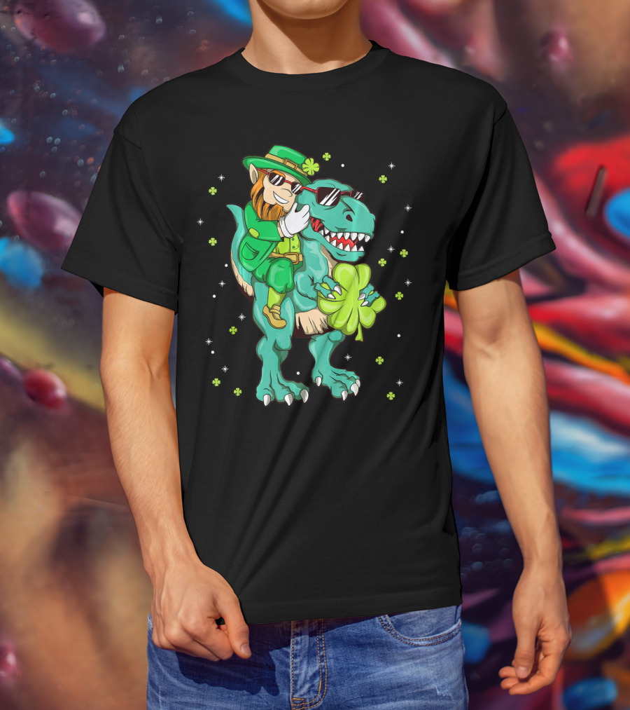 Irish Leprechaun Riding Dinosaur With Clover And Sunglasses T-Shirt
