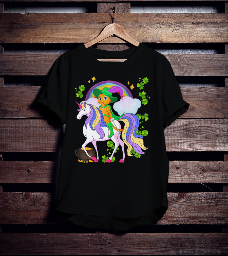 Leprechaun Cat Riding Unicorn With Rainbow And Shamrocks St Patrick Pot Of Gold T-Shirt