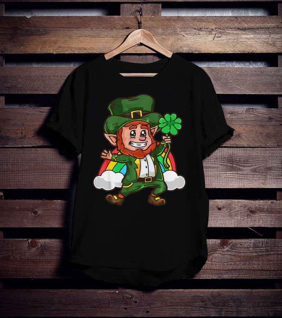St Patricks Happy Leprechaun Holding Shamrock With Rainbow And Clouds T-Shirt