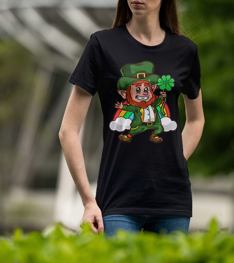 St Patricks Happy Leprechaun Holding Shamrock With Rainbow And Clouds T-Shirt