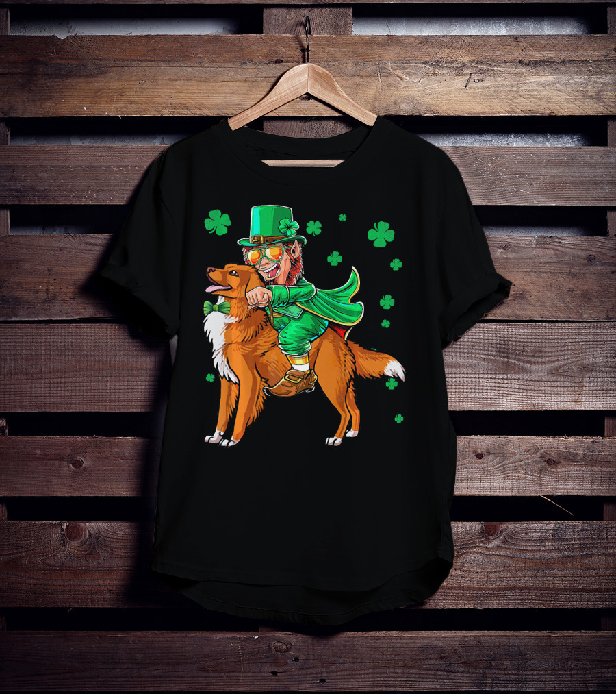 Leprechaun Riding Nova Scotia Duck Tolling Retriever With Shamrocks T-Shirt