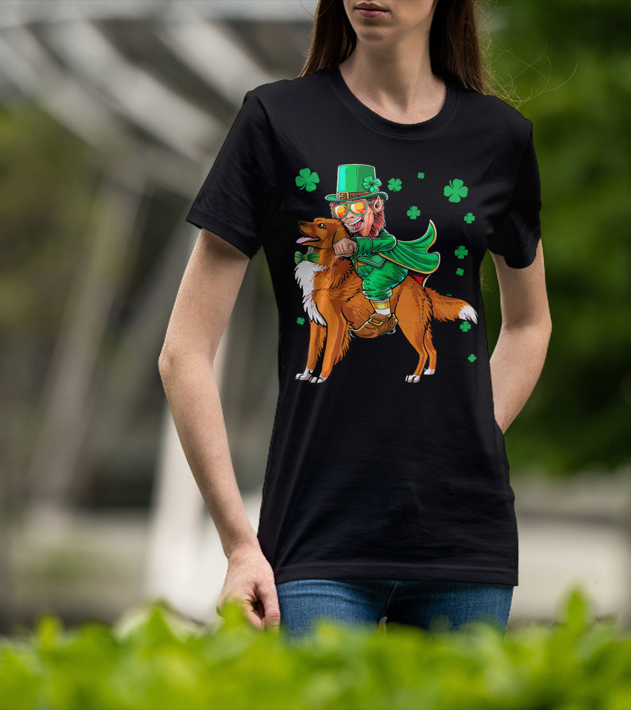 Leprechaun Riding Nova Scotia Duck Tolling Retriever With Shamrocks T-Shirt