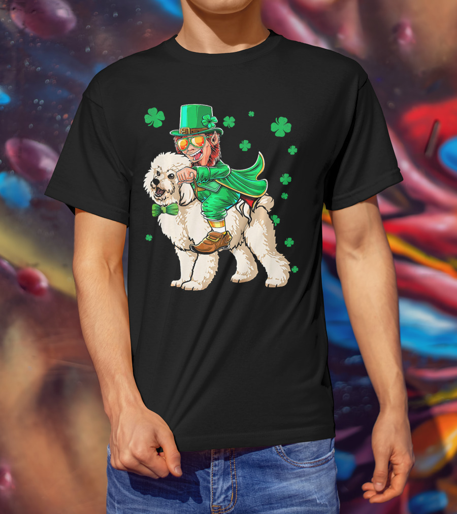 Leprechaun Riding Bichon Frise With Shamrock St. Pat's Day Charm T-Shirt