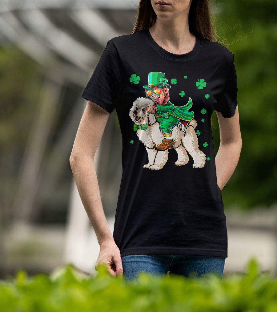 Leprechaun Riding Bichon Frise With Shamrock St. Pat's Day Charm T-Shirt