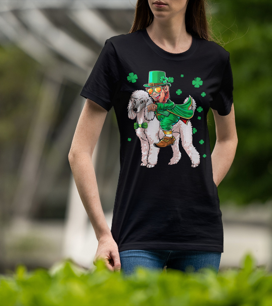 Leprechaun Riding Poodle With Shamrocks St. Patrick's Day T-Shirt