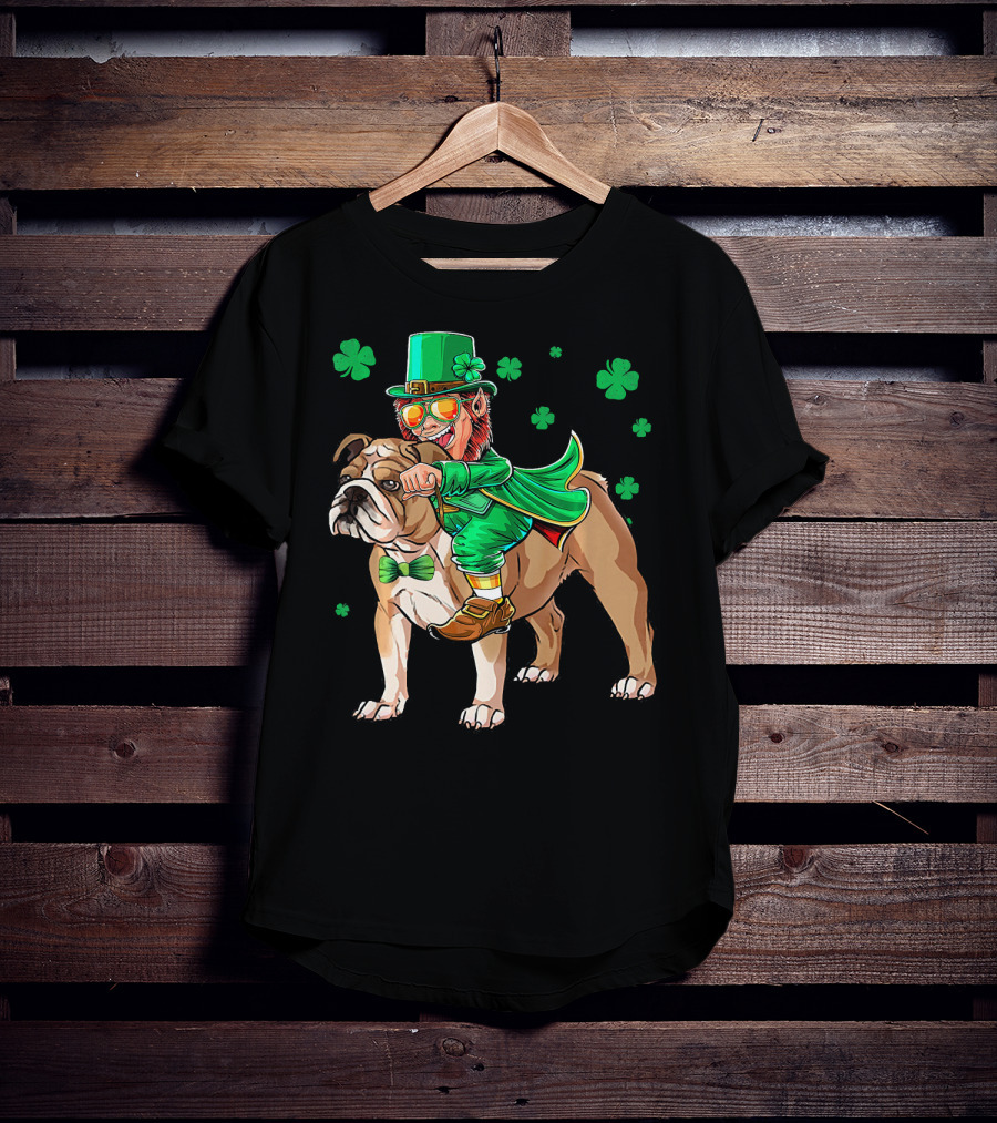 Leprechaun Riding English Bulldog With Shamrocks T-Shirt