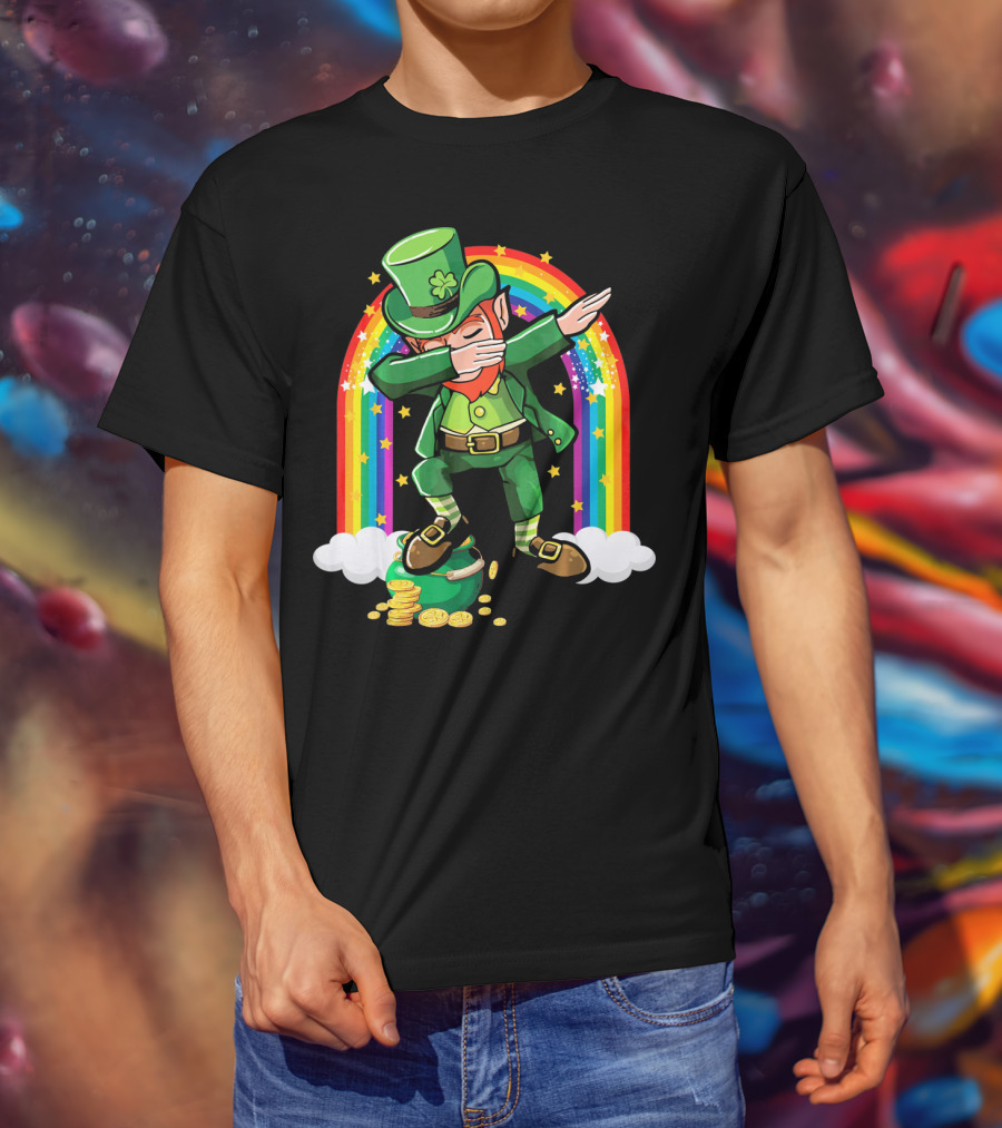 St Patricks Day Leprechaun Dabbing With Rainbow And Gold Coins T-Shirt
