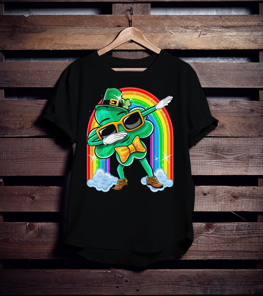 Dabbing St. Patricks Day Shamrock Leprechaun With Rainbow T-Shirt