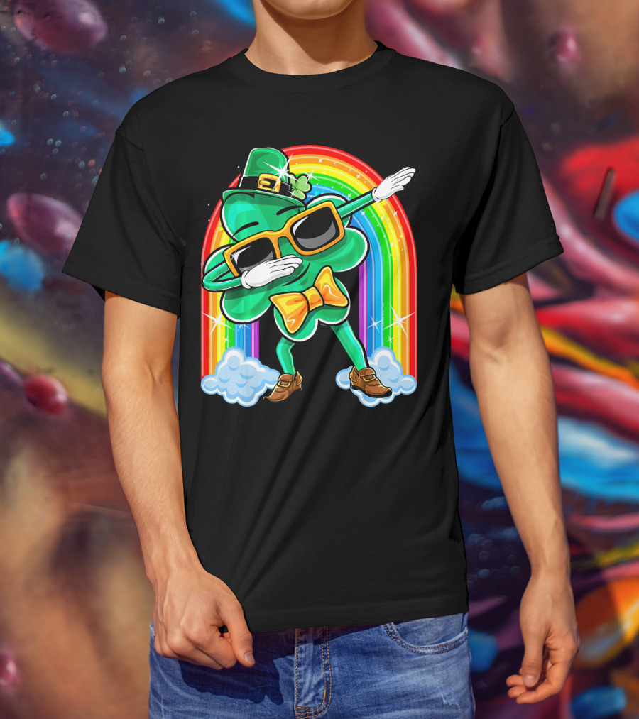 Dabbing St. Patricks Day Shamrock Leprechaun With Rainbow T-Shirt
