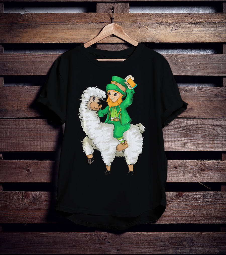 Leprechaun In Green Suit Riding White Fluffy Llama With Beer On St. Patrick's Day T-Shirt