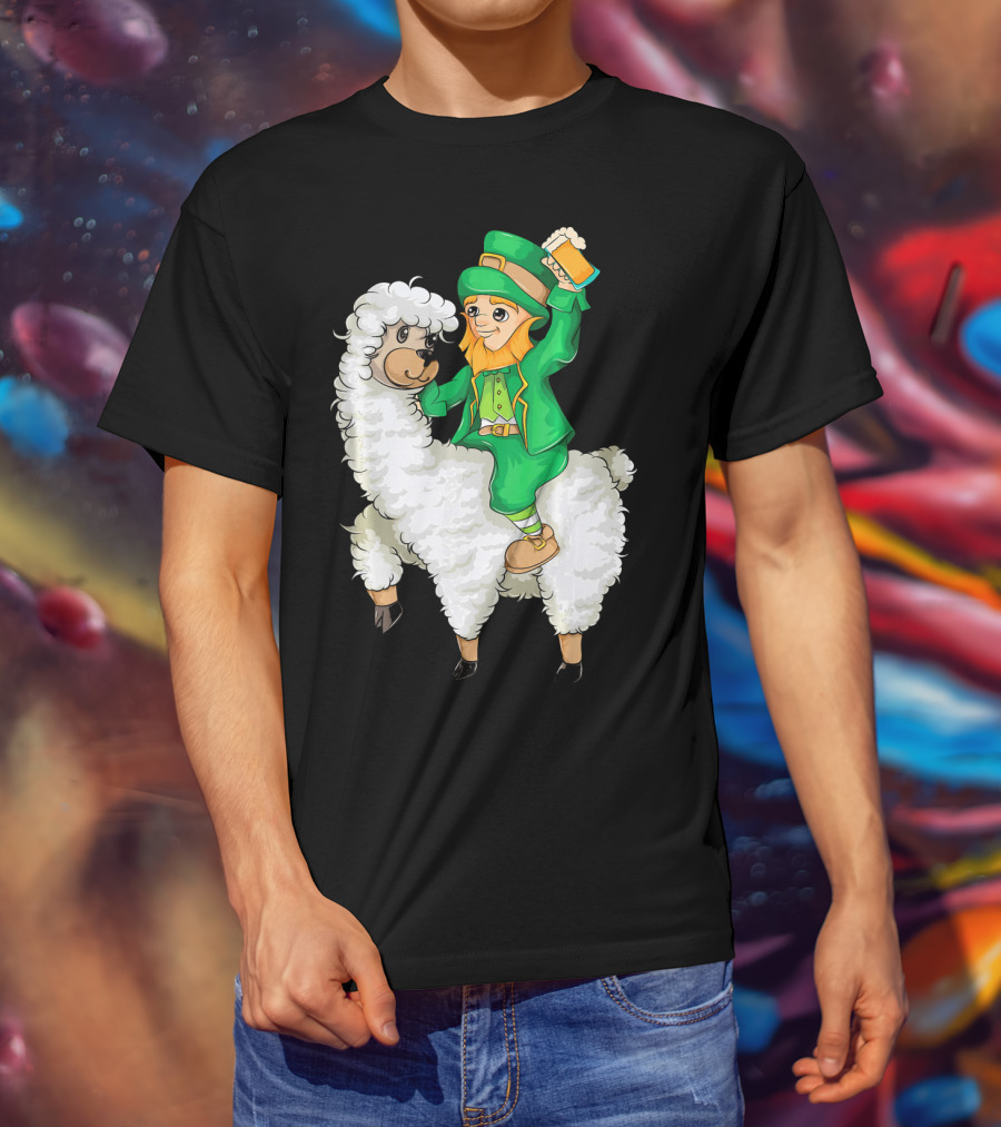 Leprechaun In Green Suit Riding White Fluffy Llama With Beer On St. Patrick's Day T-Shirt