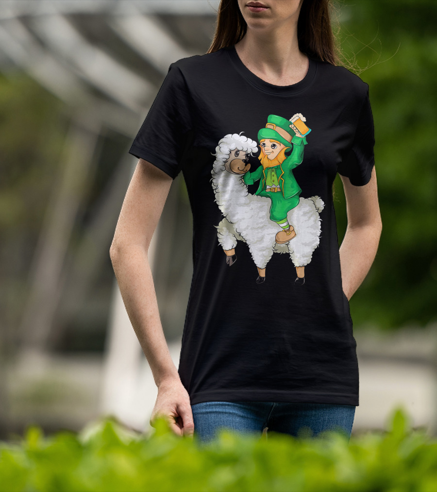Leprechaun In Green Suit Riding White Fluffy Llama With Beer On St. Patrick's Day T-Shirt