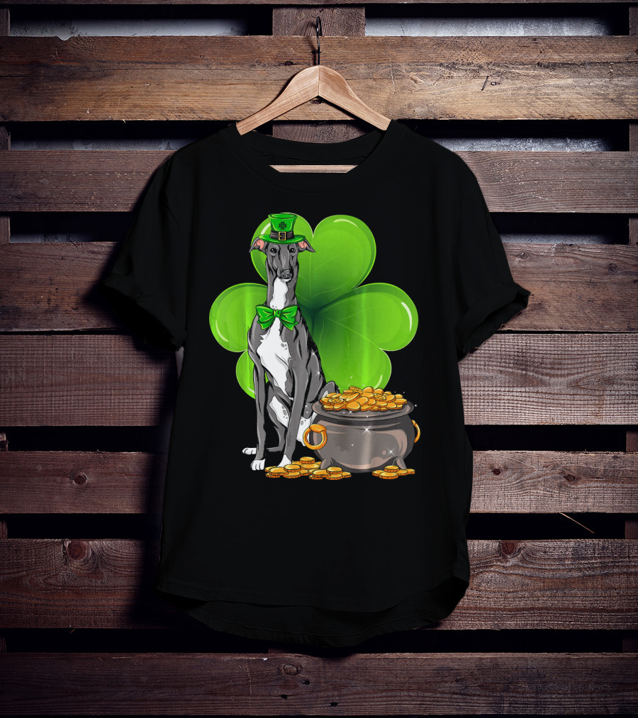 Greyhound St Patricks Day Leprechaun Dog With Shamrock And Pot Of Gold T-Shirt