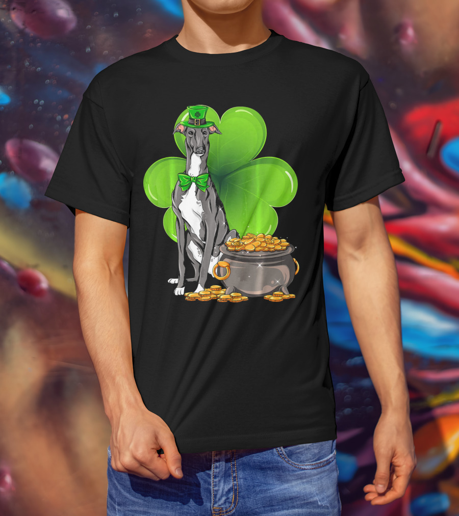 Greyhound St Patricks Day Leprechaun Dog With Shamrock And Pot Of Gold T-Shirt