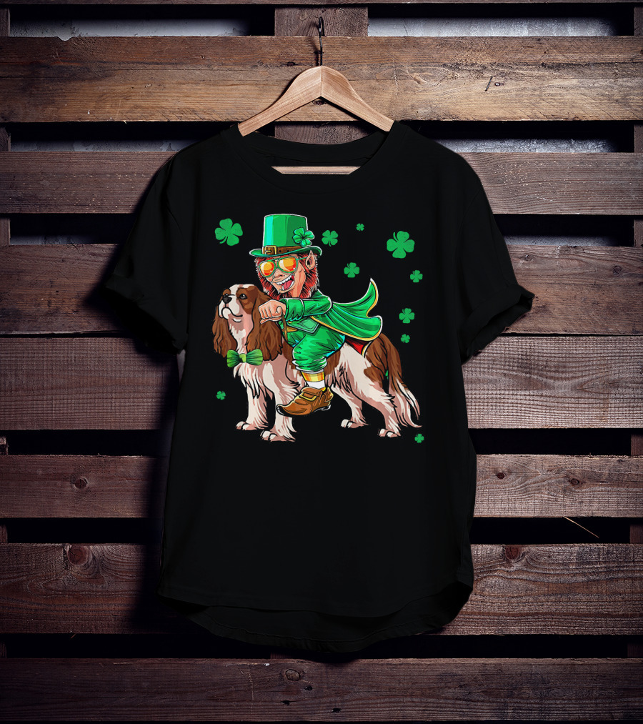 Leprechaun Riding Cavalier King Charles Spaniel With Shamrocks T-Shirt