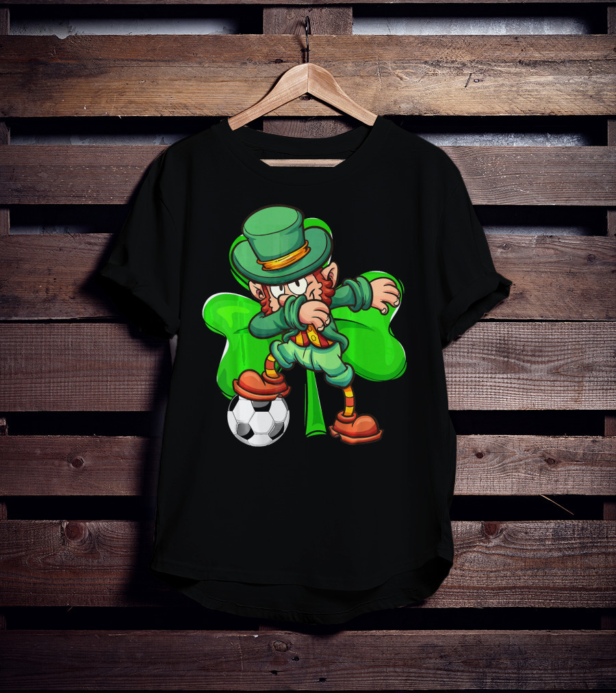 Dabbing Leprechaun Kicking Soccer Ball With Shamrock Background T-Shirt