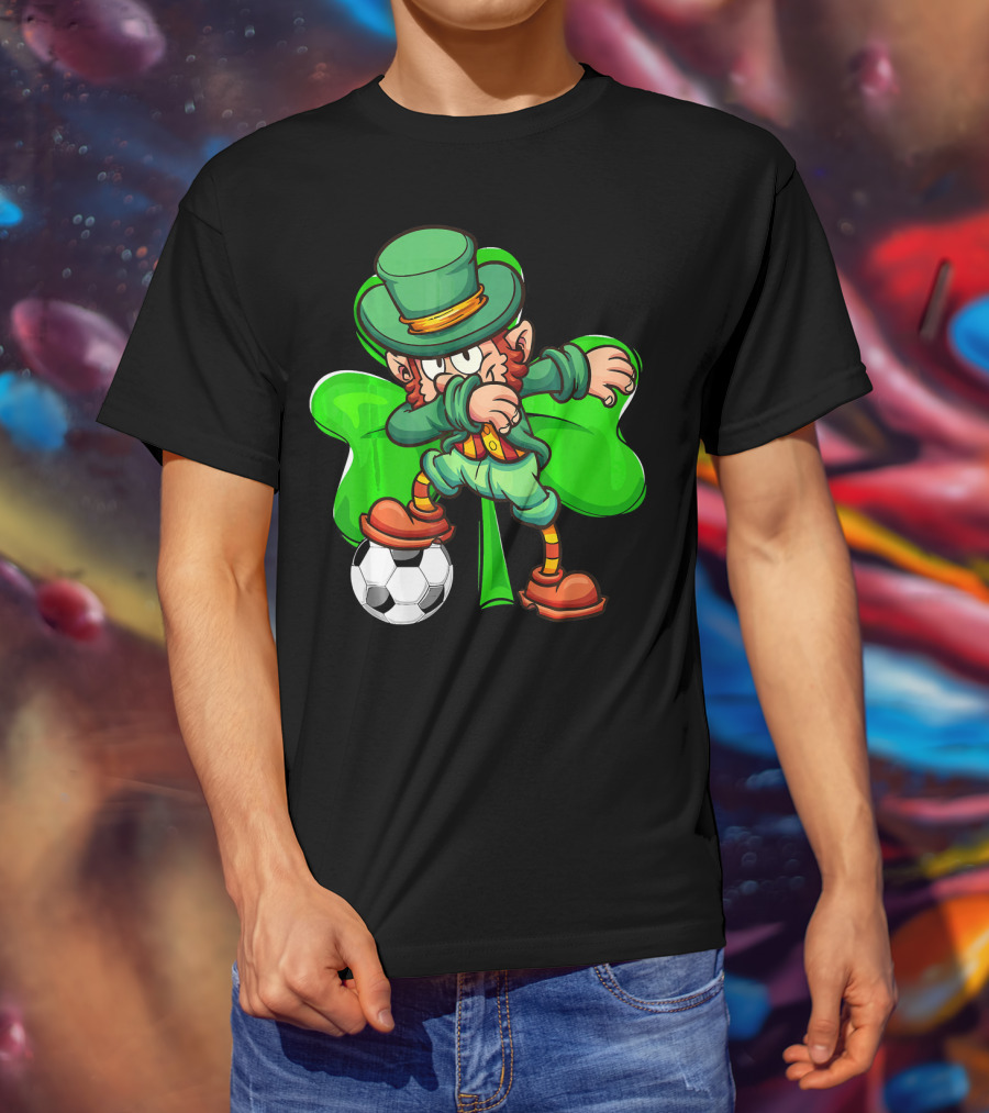 Dabbing Leprechaun Kicking Soccer Ball With Shamrock Background T-Shirt