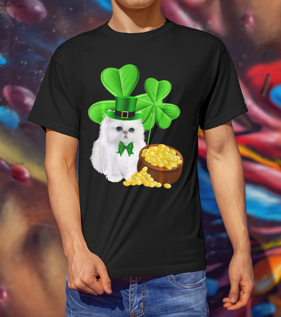 Persian Cat With Leprechaun Hat And Shamrocks St Patricks Day T-Shirt