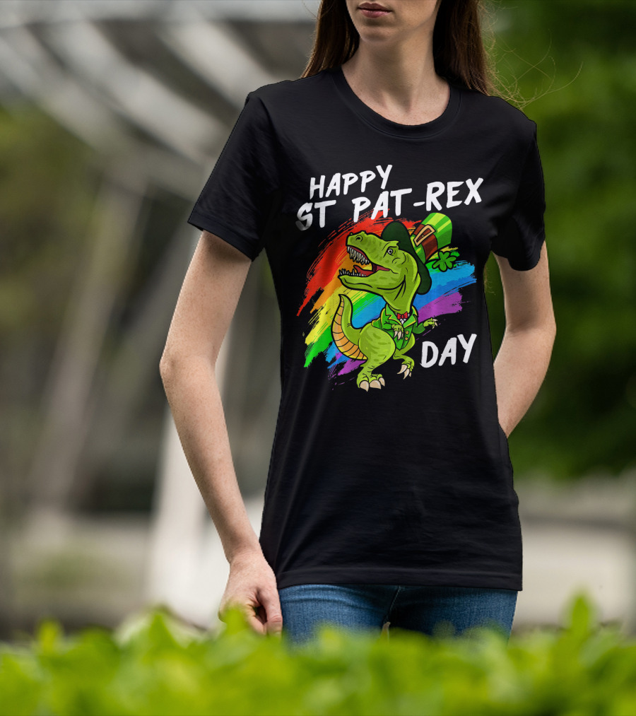 Happy St Pat Rex Day Cute St Patrick Dinosaur Rainbow T-Shirt