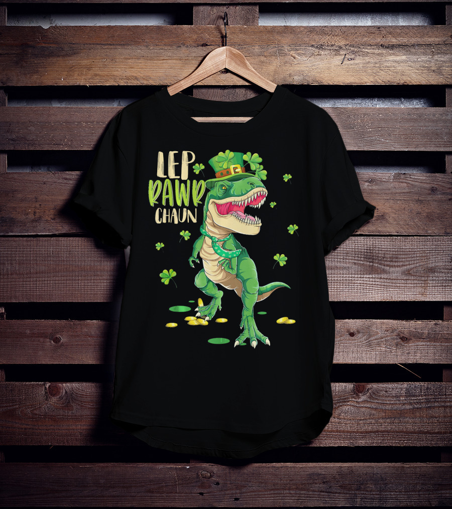 Leprawrchaun St. Patrick's Day Dinosaur With Shamrocks And Gold Coins T-Shirt