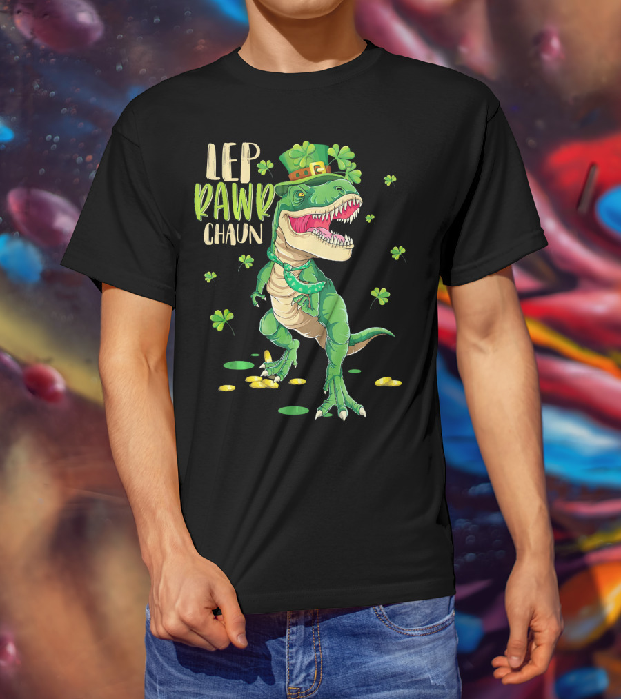 Leprawrchaun St. Patrick's Day Dinosaur With Shamrocks And Gold Coins T-Shirt