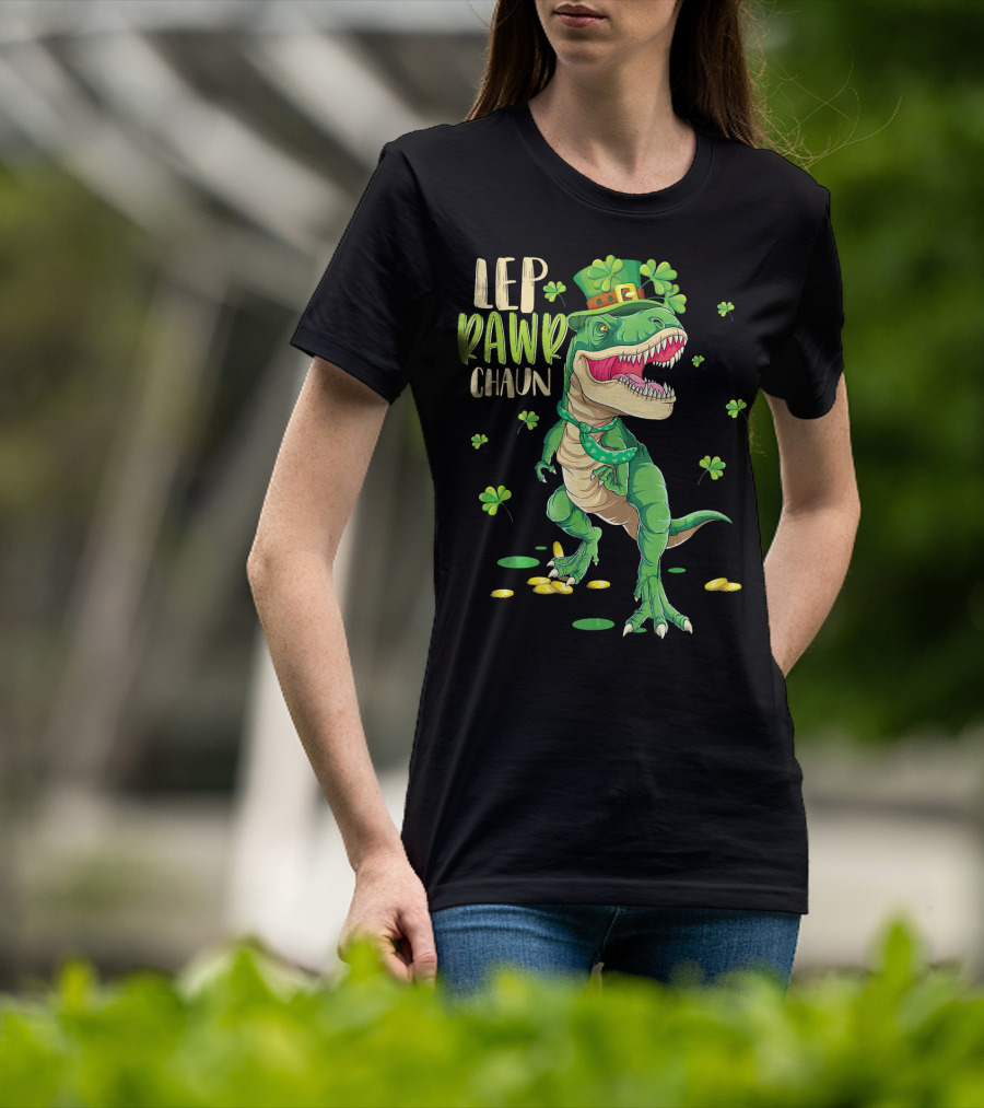 Leprawrchaun St. Patrick's Day Dinosaur With Shamrocks And Gold Coins T-Shirt