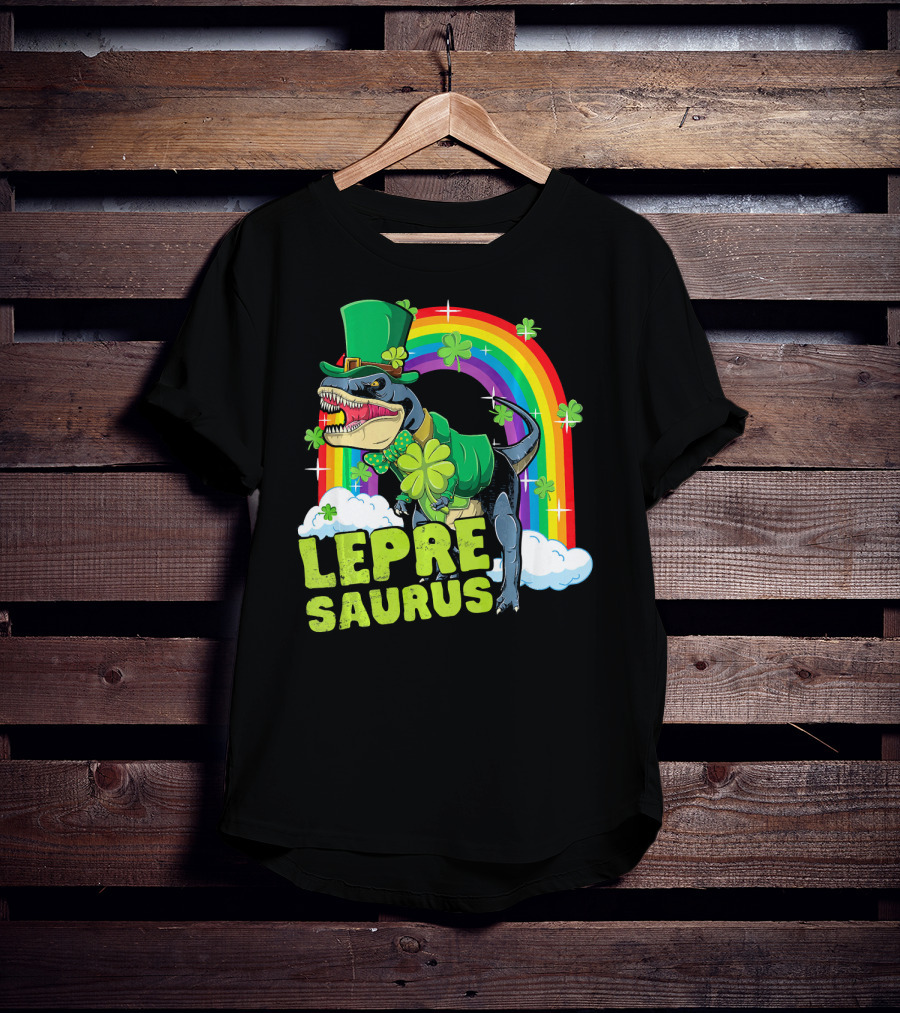 Lepresaurus Dinosaur With Shamrocks And Rainbow St Patrick's Day T-Shirt