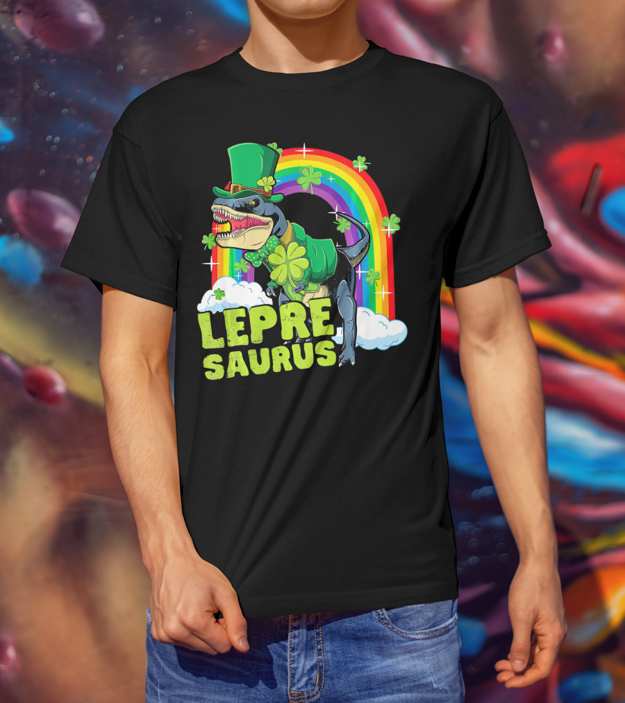 Lepresaurus Dinosaur With Shamrocks And Rainbow St Patrick's Day T-Shirt