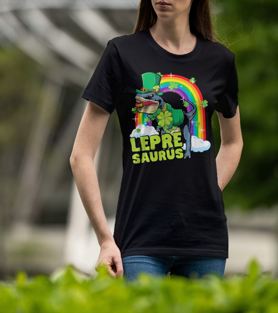 Lepresaurus Dinosaur With Shamrocks And Rainbow St Patrick's Day T-Shirt