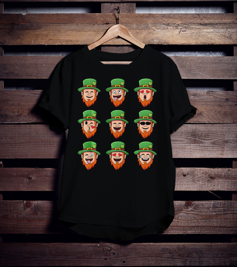 Leprechaun Emoji Faces With Various Expressions In Green Hat And Orange Beard T-Shirt