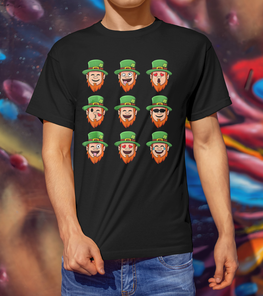 Leprechaun Emoji Faces With Various Expressions In Green Hat And Orange Beard T-Shirt