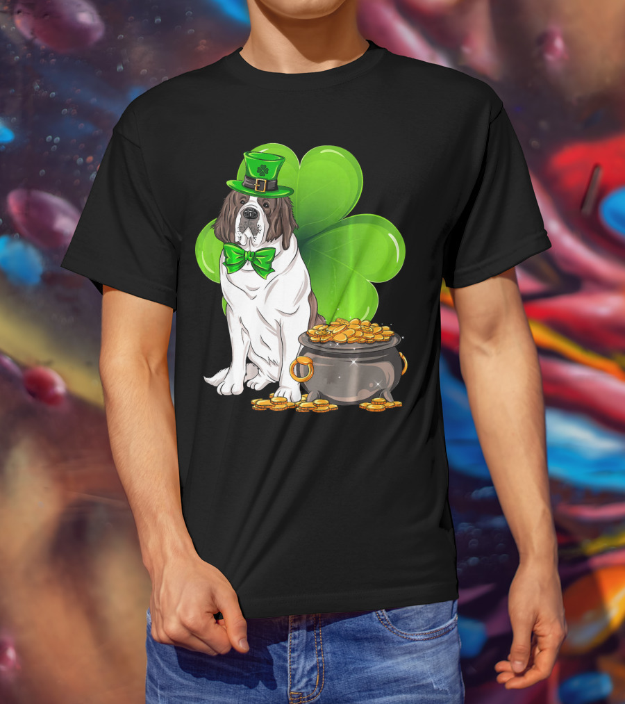 Saint Bernard Leprechaun St Patricks Day Pot Of Gold Clover T-Shirt