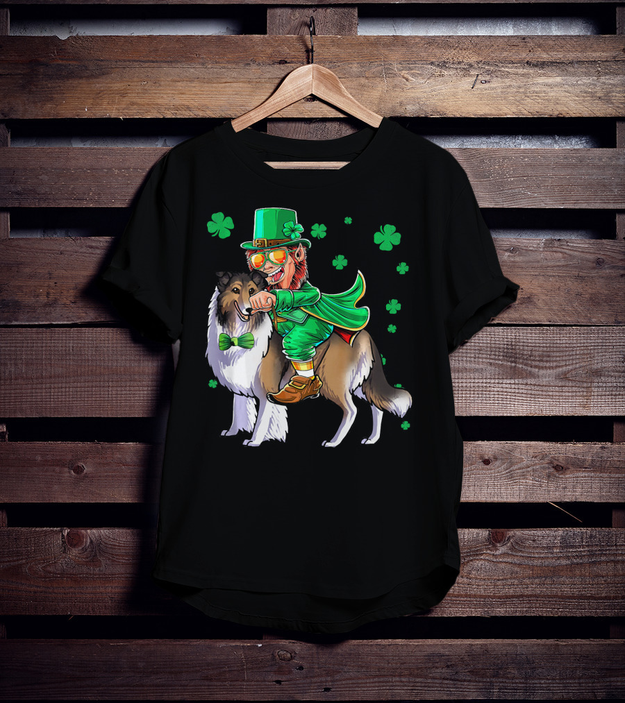 Leprechaun Riding Collie With Shamrocks For St. Patrick's Day T-Shirt