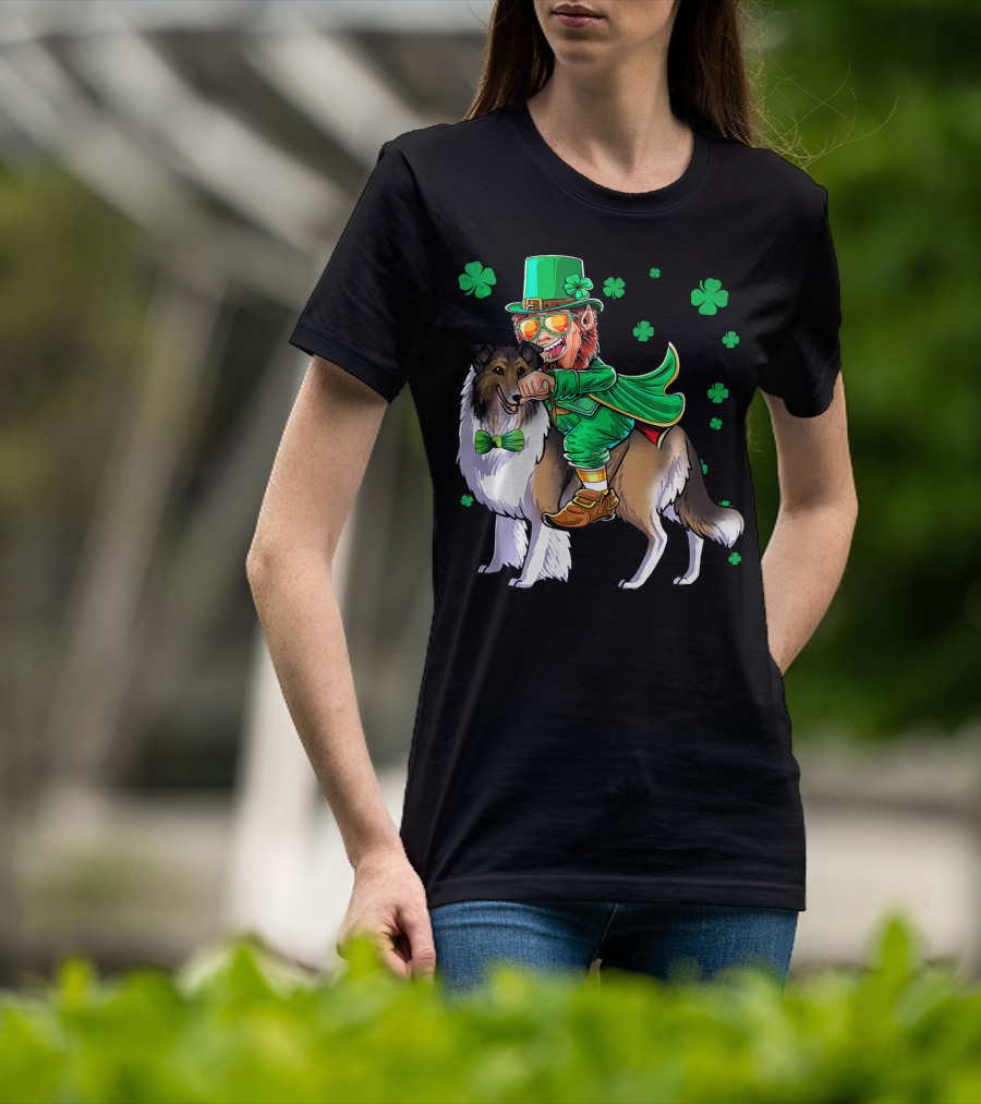 Leprechaun Riding Collie With Shamrocks For St. Patrick's Day T-Shirt