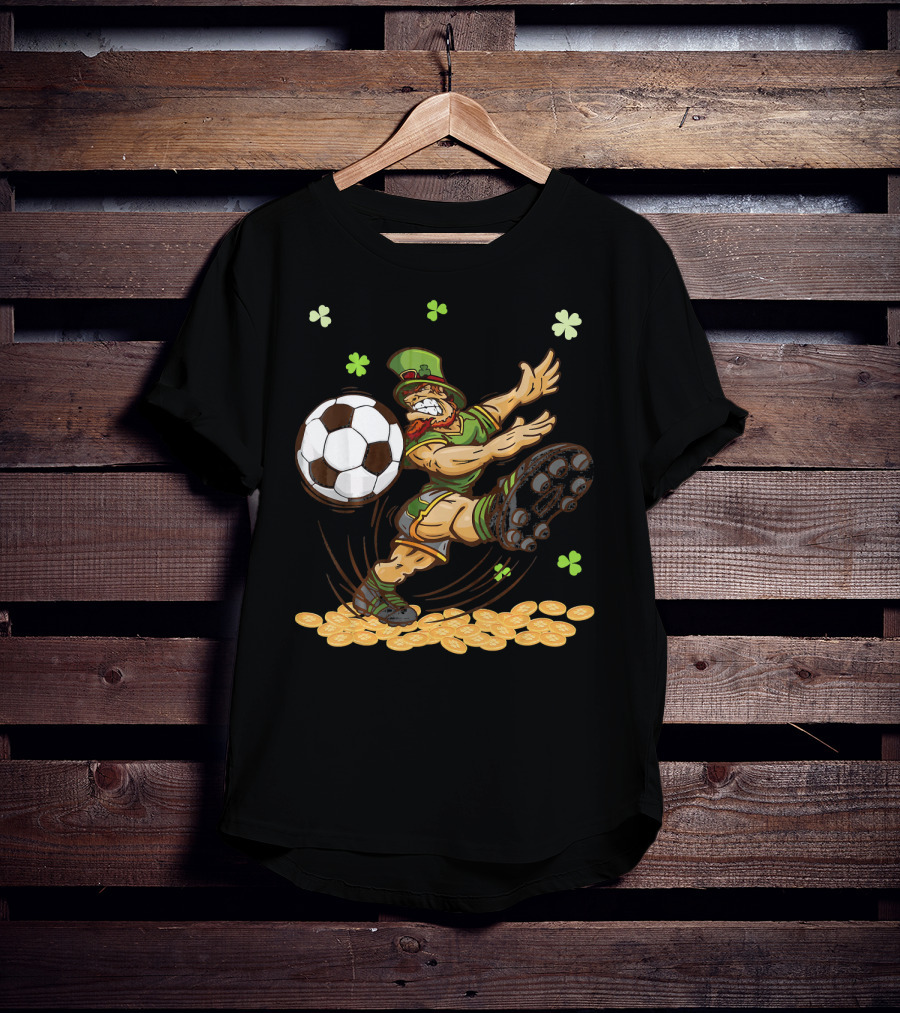 Leprechaun Playing Soccer Surrounded By Shamrocks And Gold Coins T-Shirt