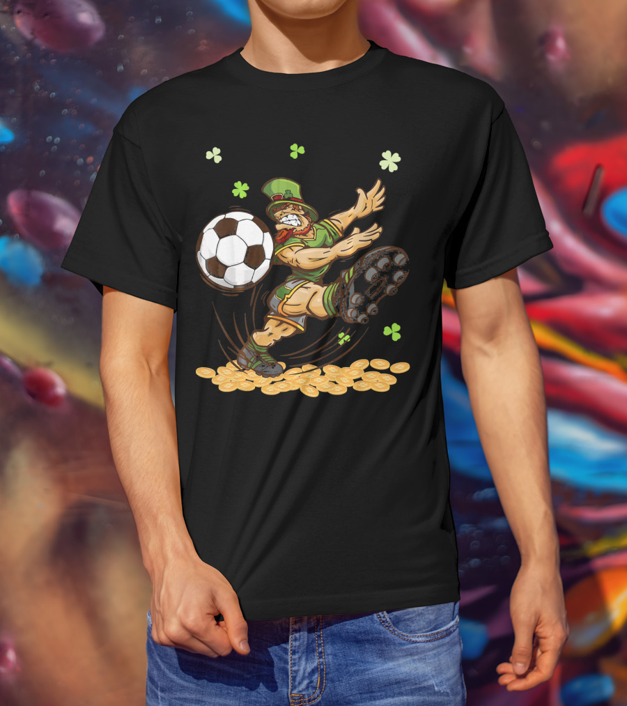 Leprechaun Playing Soccer Surrounded By Shamrocks And Gold Coins T-Shirt