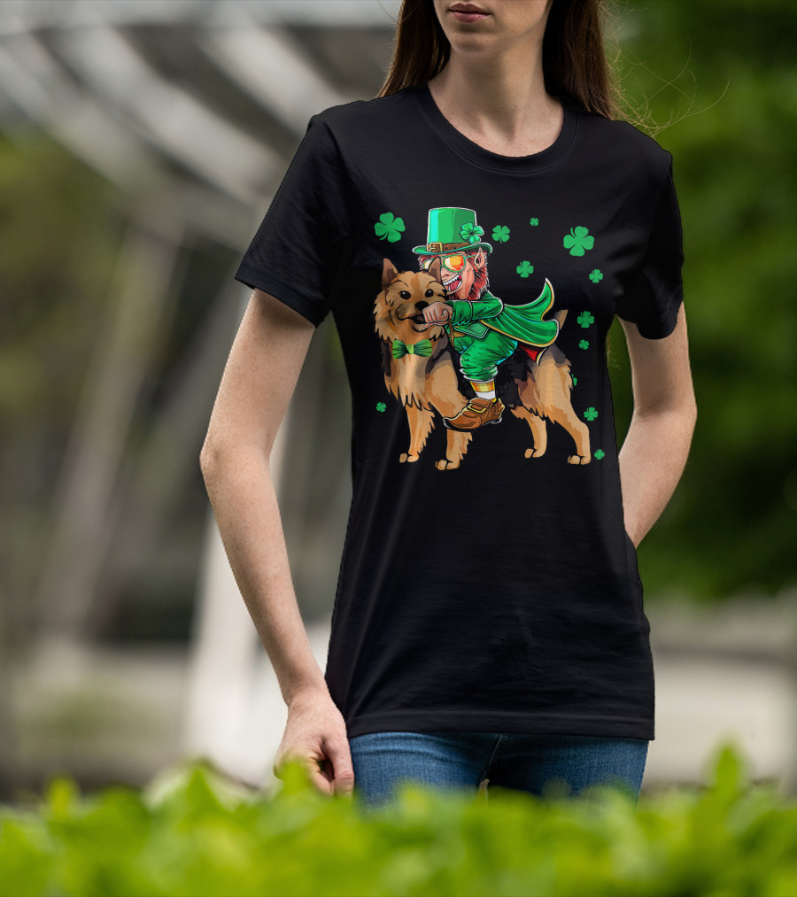 Leprechaun Riding Australian Terrier With Shamrocks T-Shirt