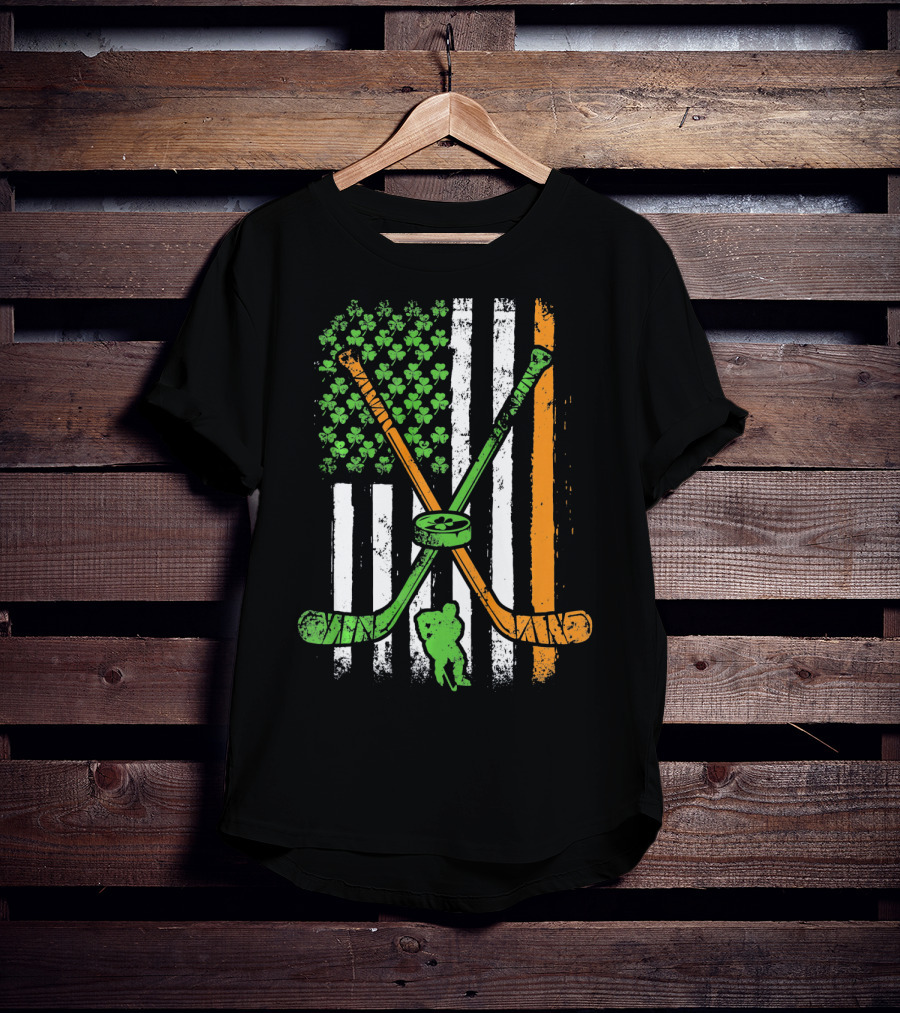 Irish American Flag Shamrock Hockey Sticks Player T-Shirt