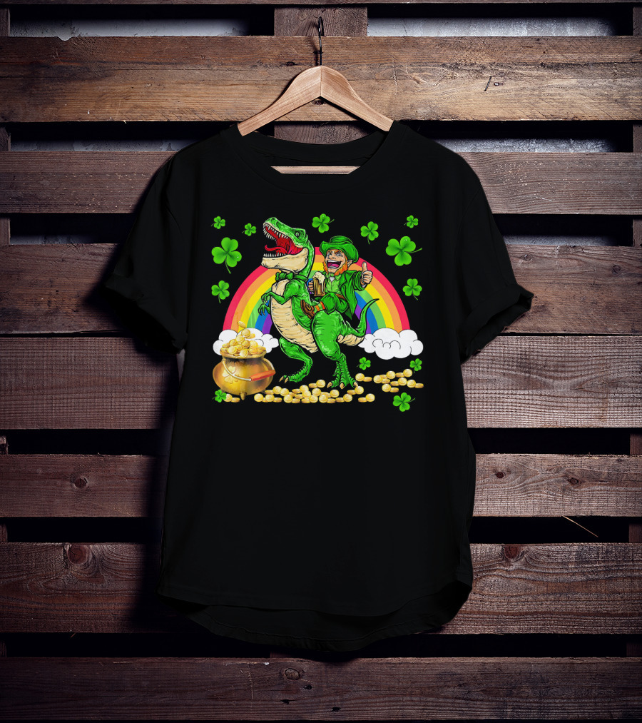 Leprechaun Riding Dinosaur With Rainbow And Pot Of Gold T-Shirt