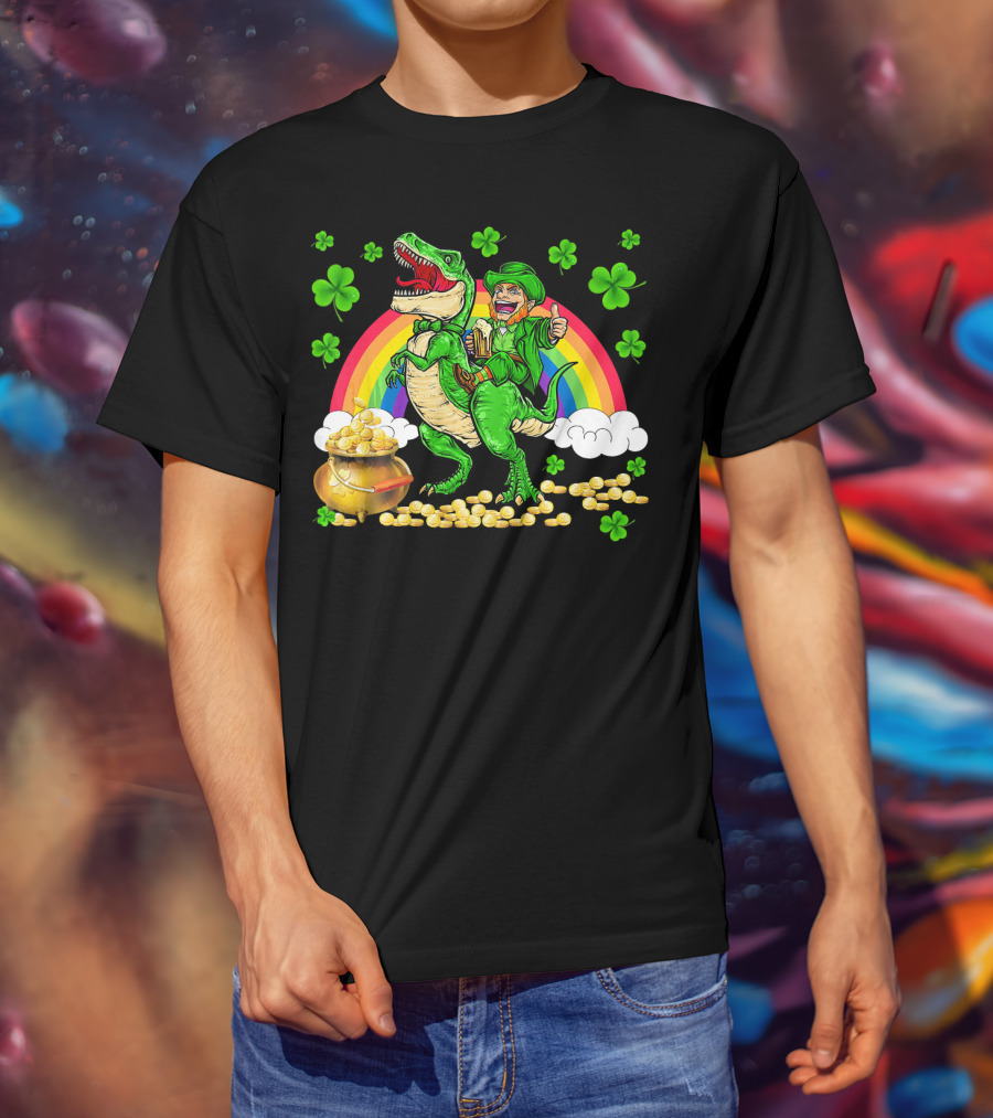 Leprechaun Riding Dinosaur With Rainbow And Pot Of Gold T-Shirt