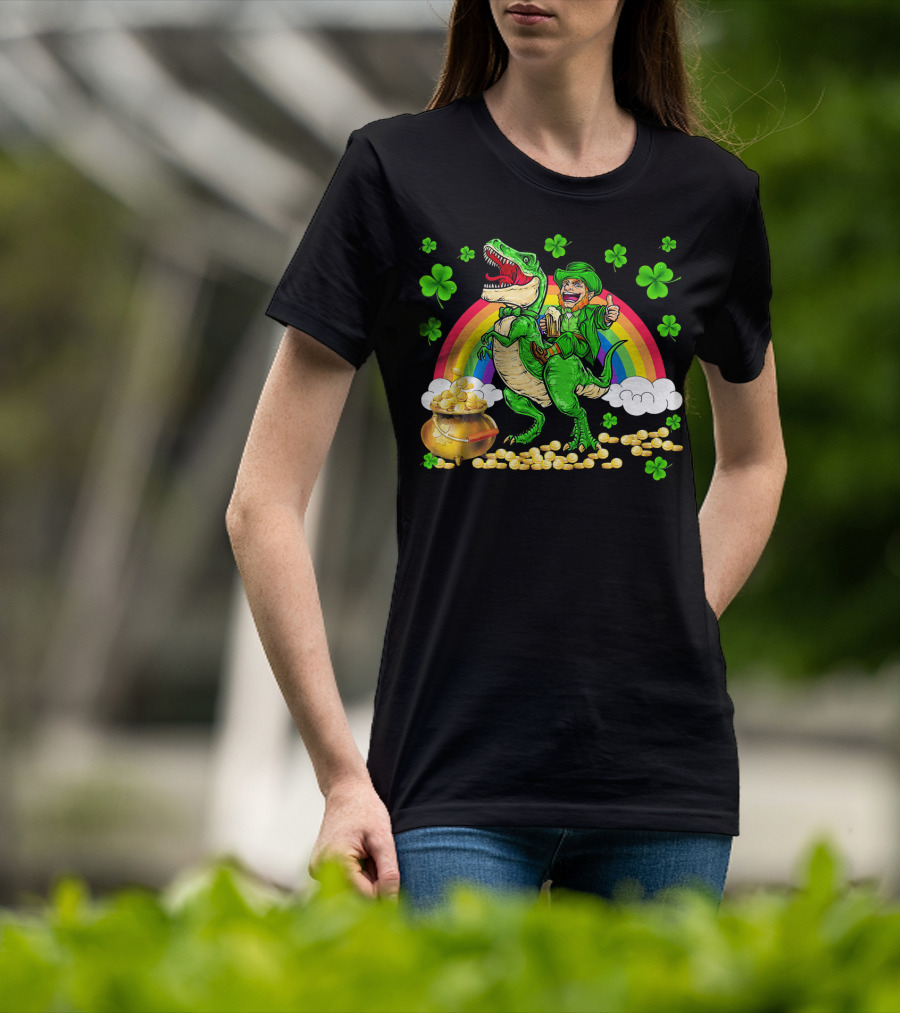 Leprechaun Riding Dinosaur With Rainbow And Pot Of Gold T-Shirt