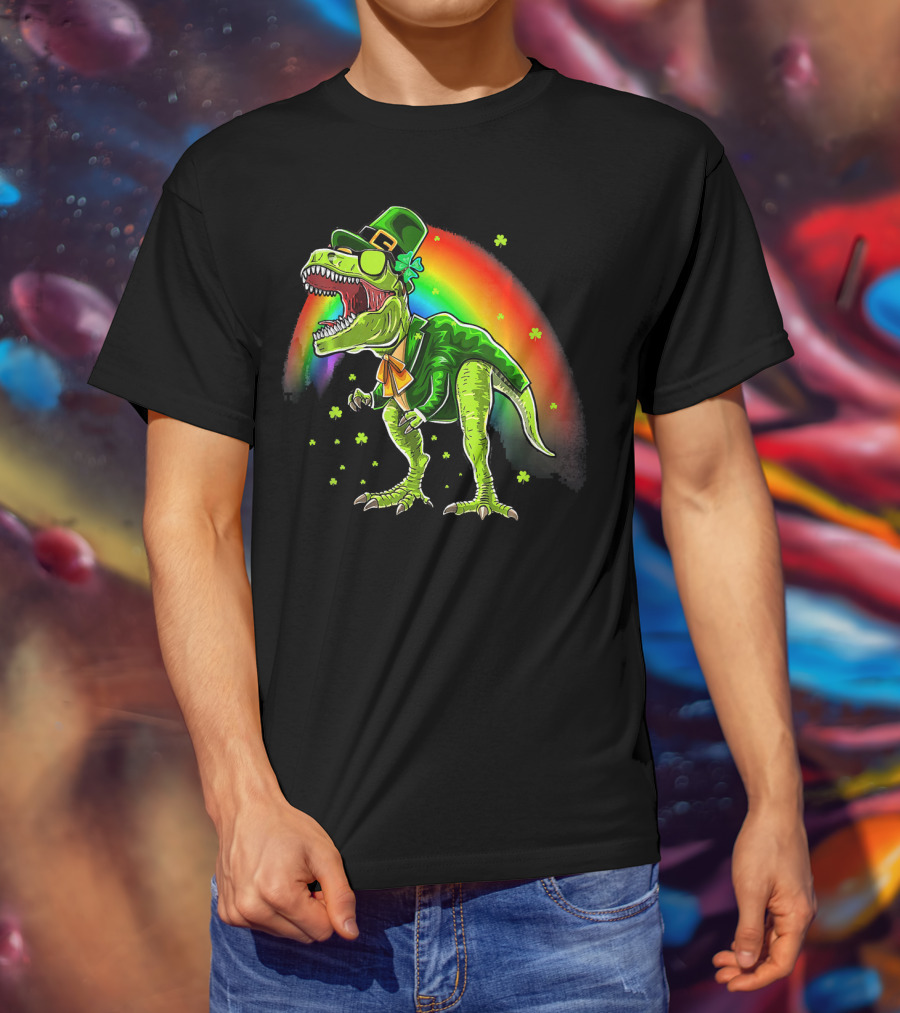 St. Patricks Day T-Rex Dinosaur Leprechaun With Rainbow And Shamrocks T-Shirt