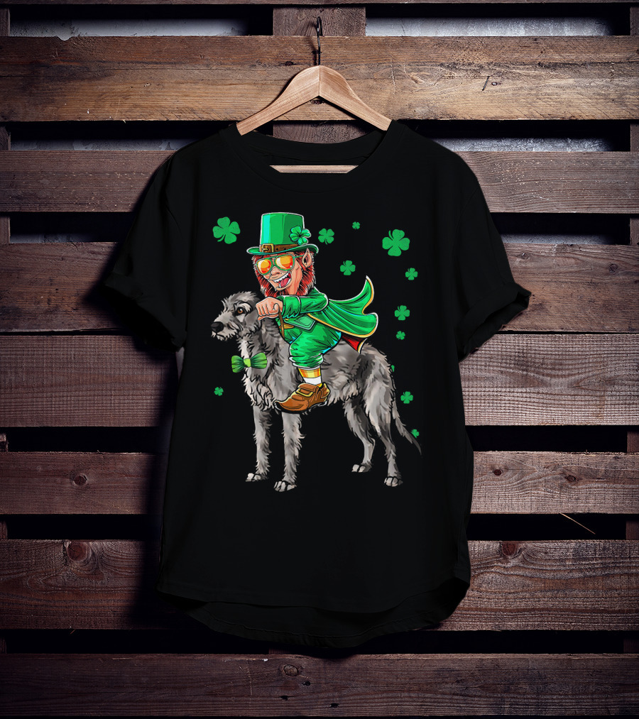 Leprechaun Riding Irish Wolfhound With Shamrock Symbols T-Shirt