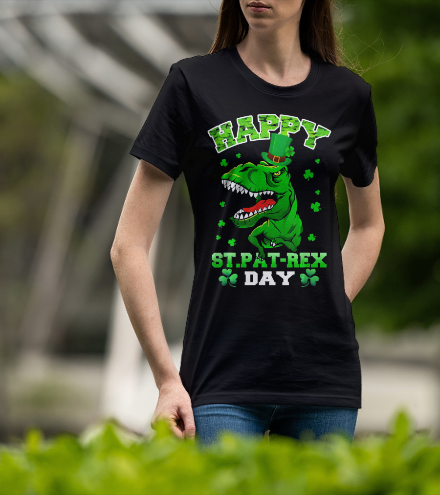 Happy St. Pat-Rex Day Dinosaur With Shamrocks T-Shirt