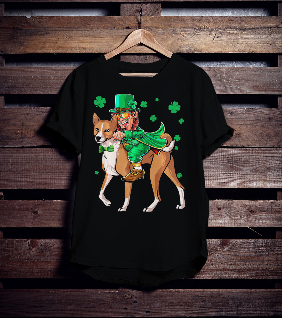Leprechaun Riding Basenji With Shamrocks St Patricks T-Shirt