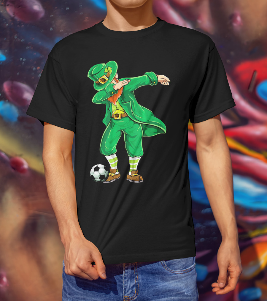 Dabbing Leprechaun Irish Soccer With Football And Shamrock Hat T-Shirt