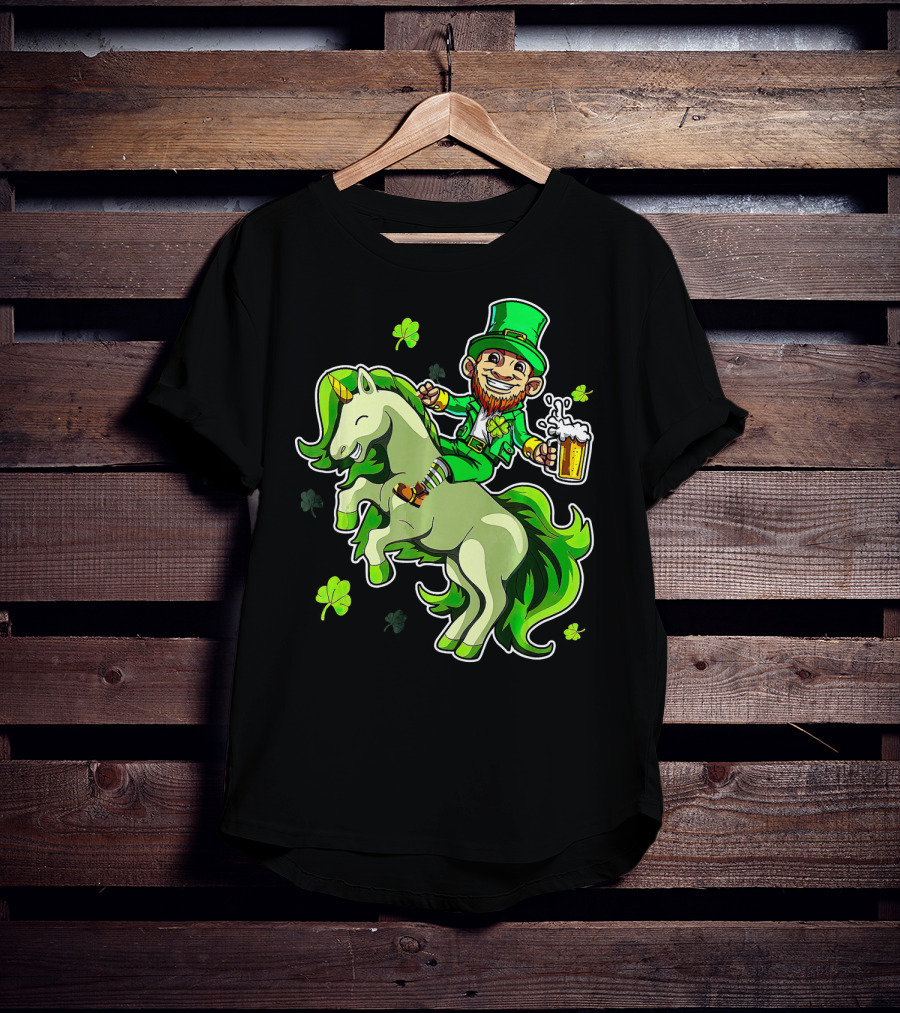 Leprechaun Riding A Green Unicorn Holding Beer With Shamrocks T-Shirt